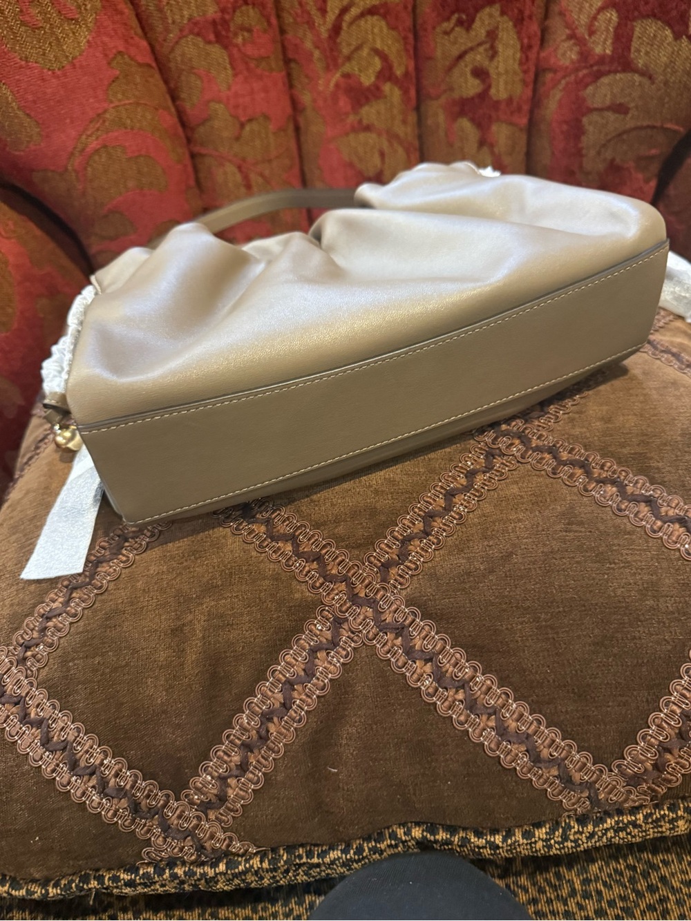 COACH Taupe Gathered Leather Shoulder Bag with Gold Logo - Picture 3 of 10